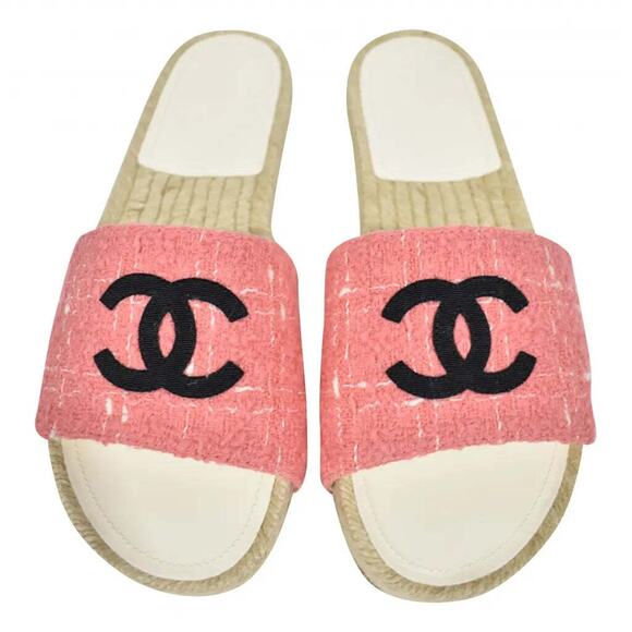 Chanel 20A Pink Tweed Black CC Logo Espadrille Slide Slip On Sandal Mule Flat 37 - Picture 1 of 12
